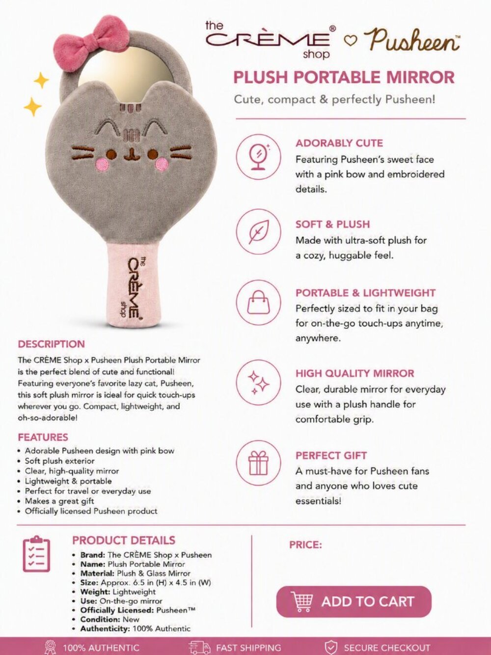 NEW The Crème Shop x Pusheen Plush Portable Mirror Pink Bow Official Licensed